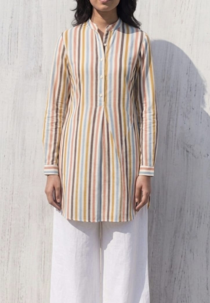 Women Cotton Yellow Multi-Stripe Tunic (Kurta)