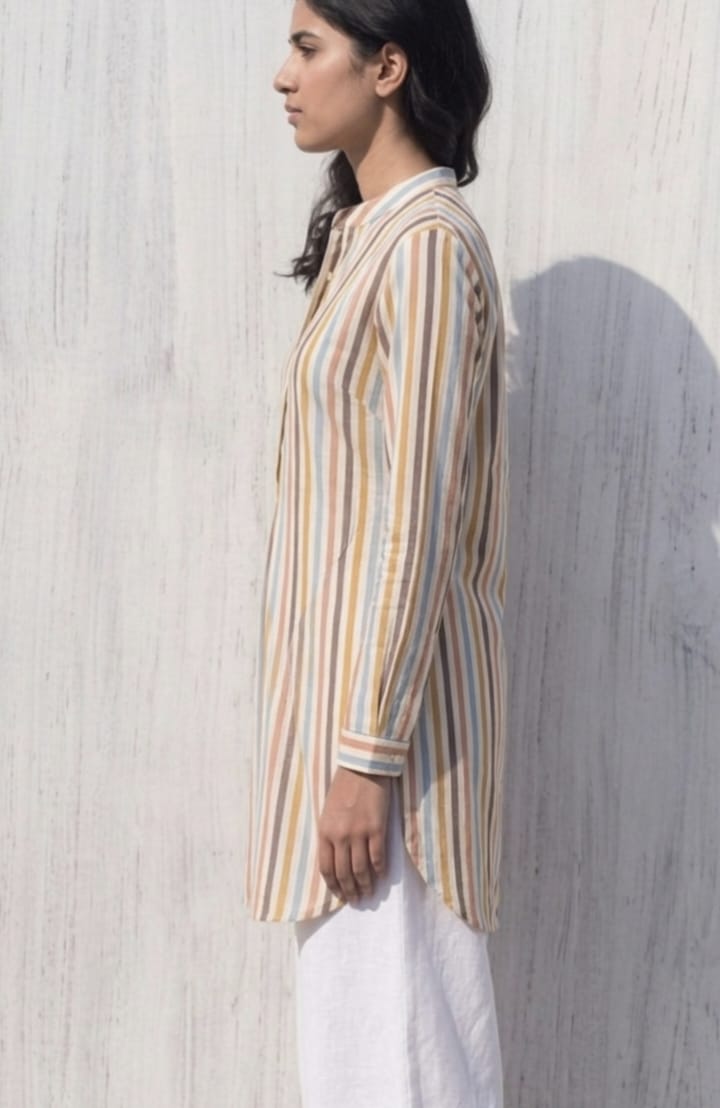 Women Cotton Yellow Multi-Stripe Tunic (Kurta)