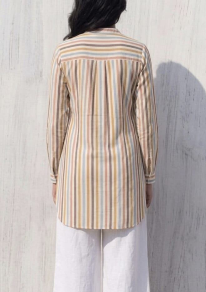 Women Cotton Yellow Multi-Stripe Tunic (Kurta)