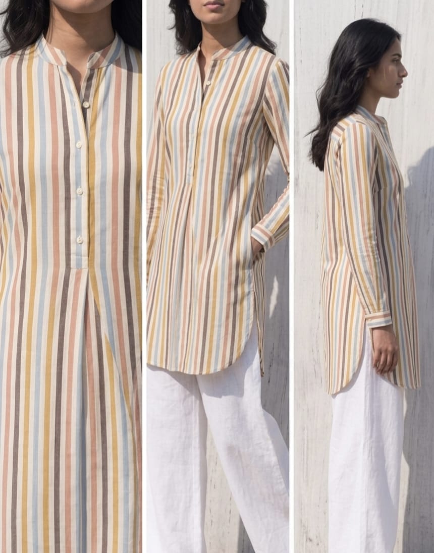 Women Cotton Yellow Multi-Stripe Tunic (Kurta)