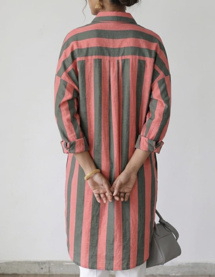 Women Cotton Red Black Stripe Tunic (Kurta)