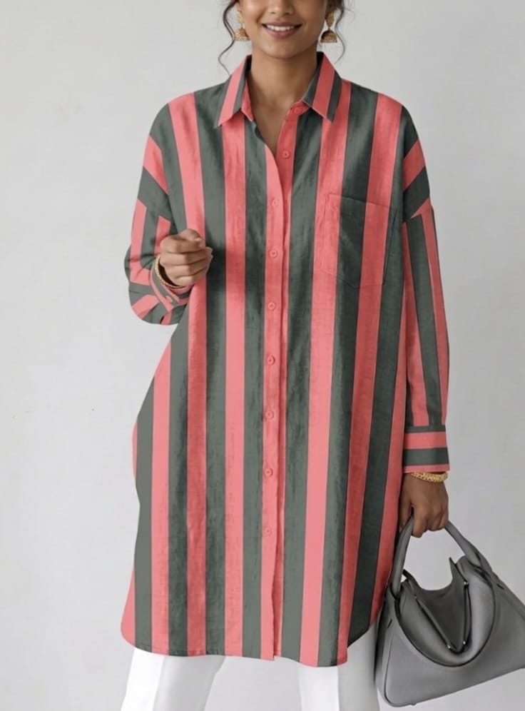 Women Cotton Red Black Stripe Tunic (Kurta)