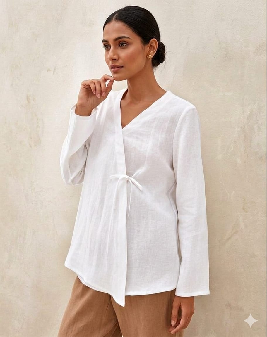 Women's White Cotton Flex Wrap Top – Elegant Side-Tie V-Neck Tunic