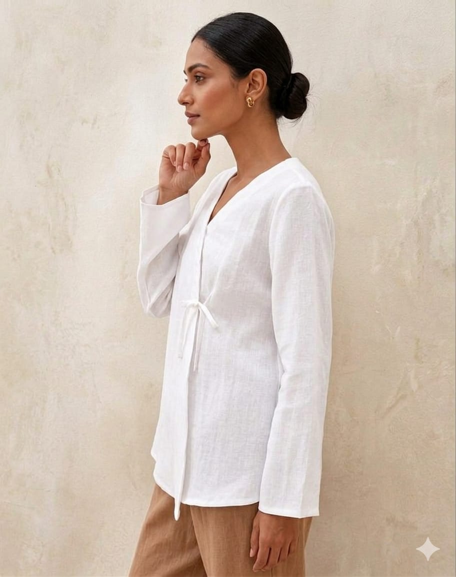 Women's White Cotton Flex Wrap Top – Elegant Side-Tie V-Neck Tunic