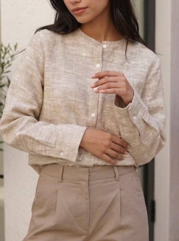 Women's Natural Linen-Blend Button-Down Shirt in Natural Oat