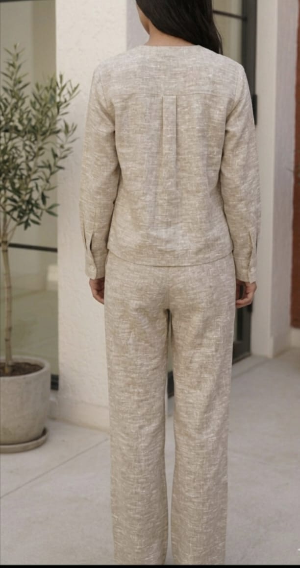 Women Natural Linen-Blend Button-Down Co-ord Set in Sand Beige
