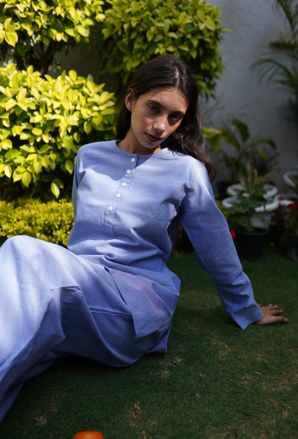 Women's Blue Premium Cotton Co-ord Set – Longline Tunic & Jogger-Style Trousers