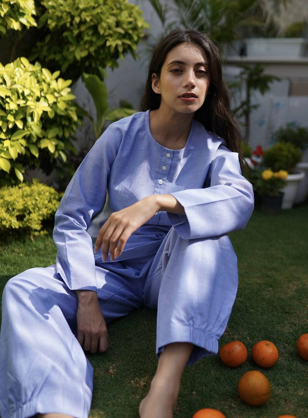 Women's Blue Premium Cotton Co-ord Set – Longline Tunic & Jogger-Style Trousers
