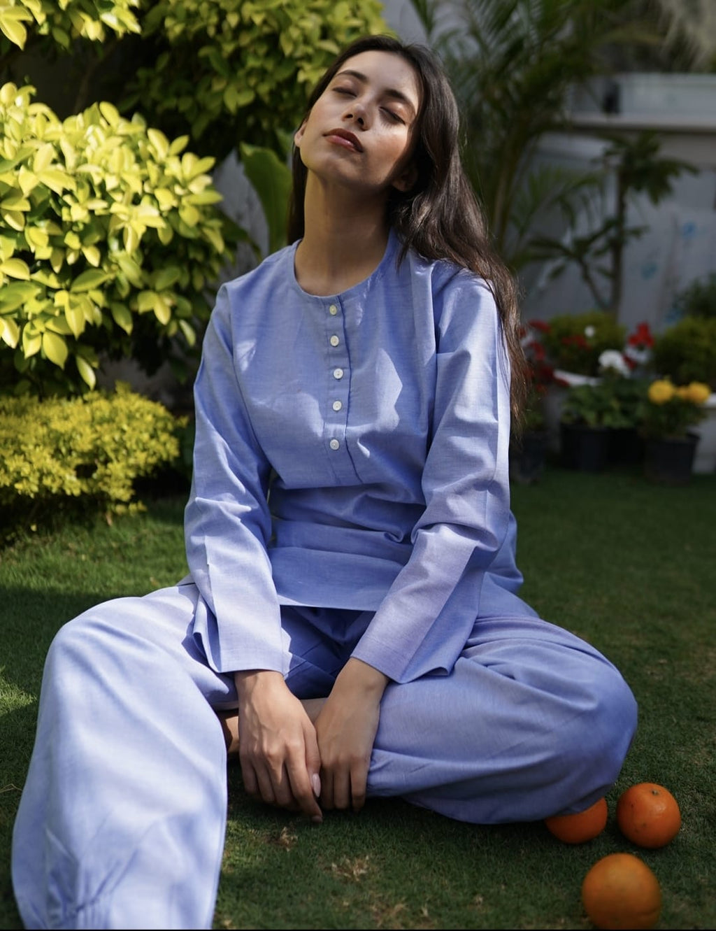 Women's Blue Premium Cotton Co-ord Set – Longline Tunic & Jogger-Style Trousers