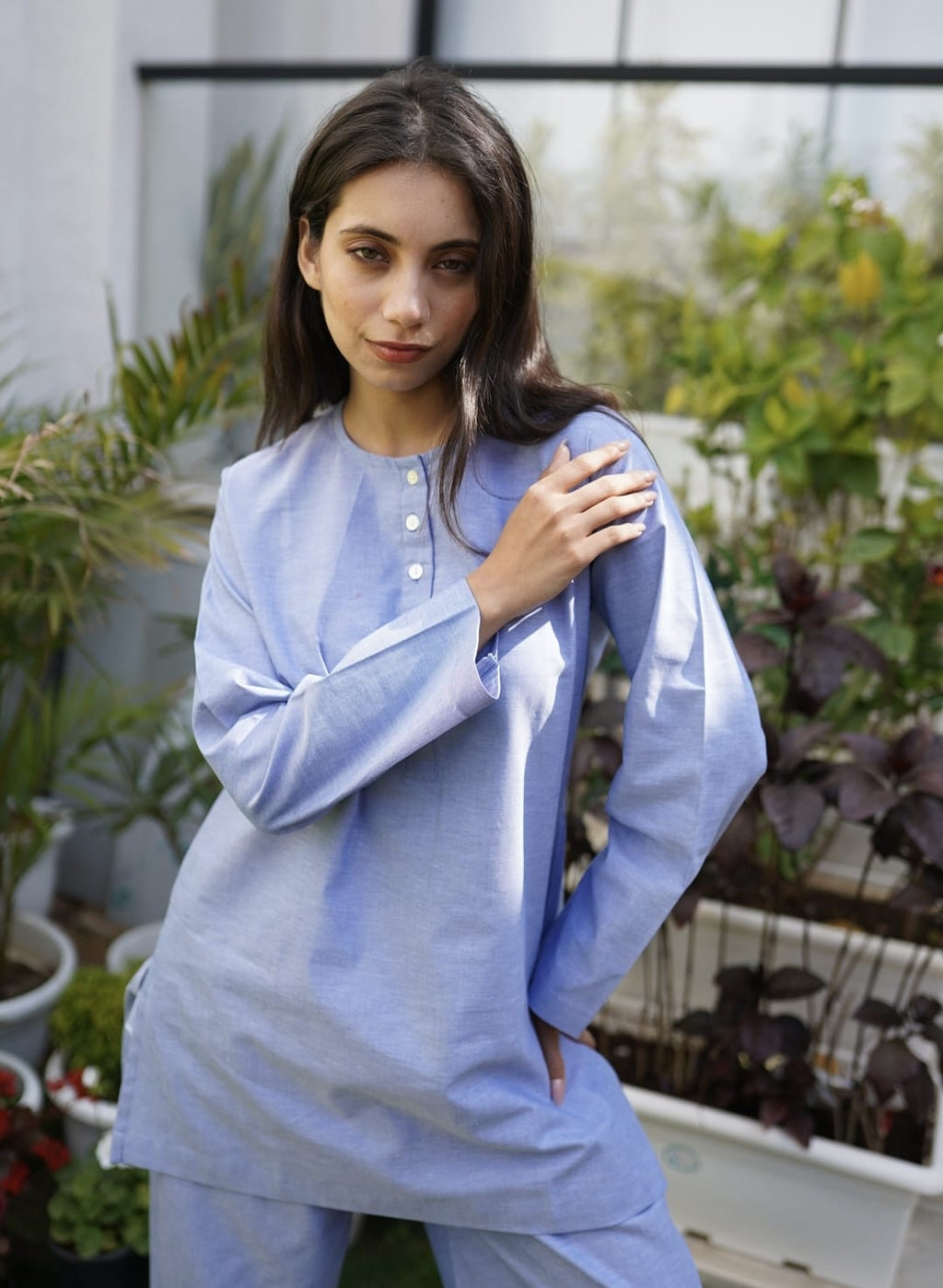Women's Blue Premium Cotton Co-ord Set – Longline Tunic & Jogger-Style Trousers