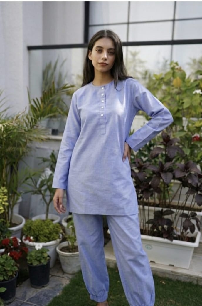 Women's Blue Premium Cotton Co-ord Set – Longline Tunic & Jogger-Style Trousers
