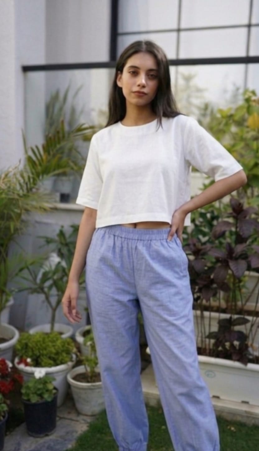 Women's Premium Cotton Flex Joggers – Blue High-Waisted Relaxed Fit Trousers