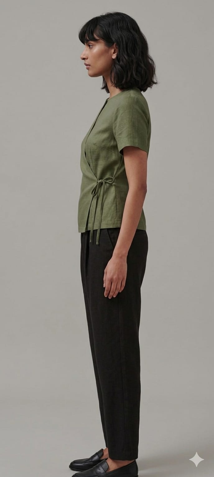 Women's Olive Green Short Sleeve Wrap Top – Tailored Side-Tie Cotton Tunic