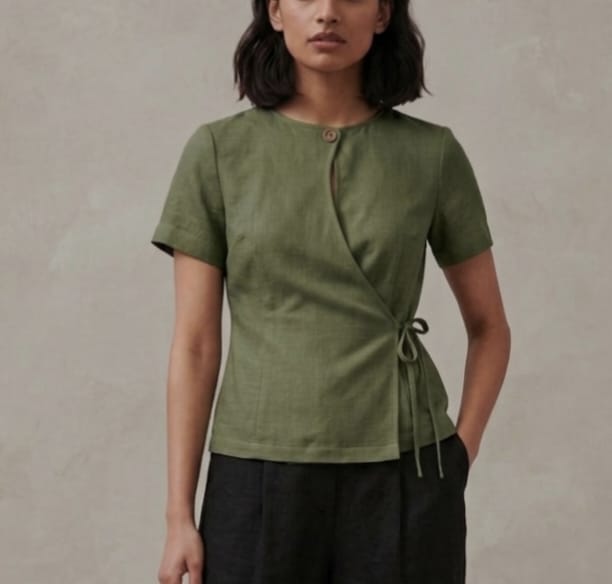 Women's Olive Green Short Sleeve Wrap Top – Tailored Side-Tie Cotton Tunic