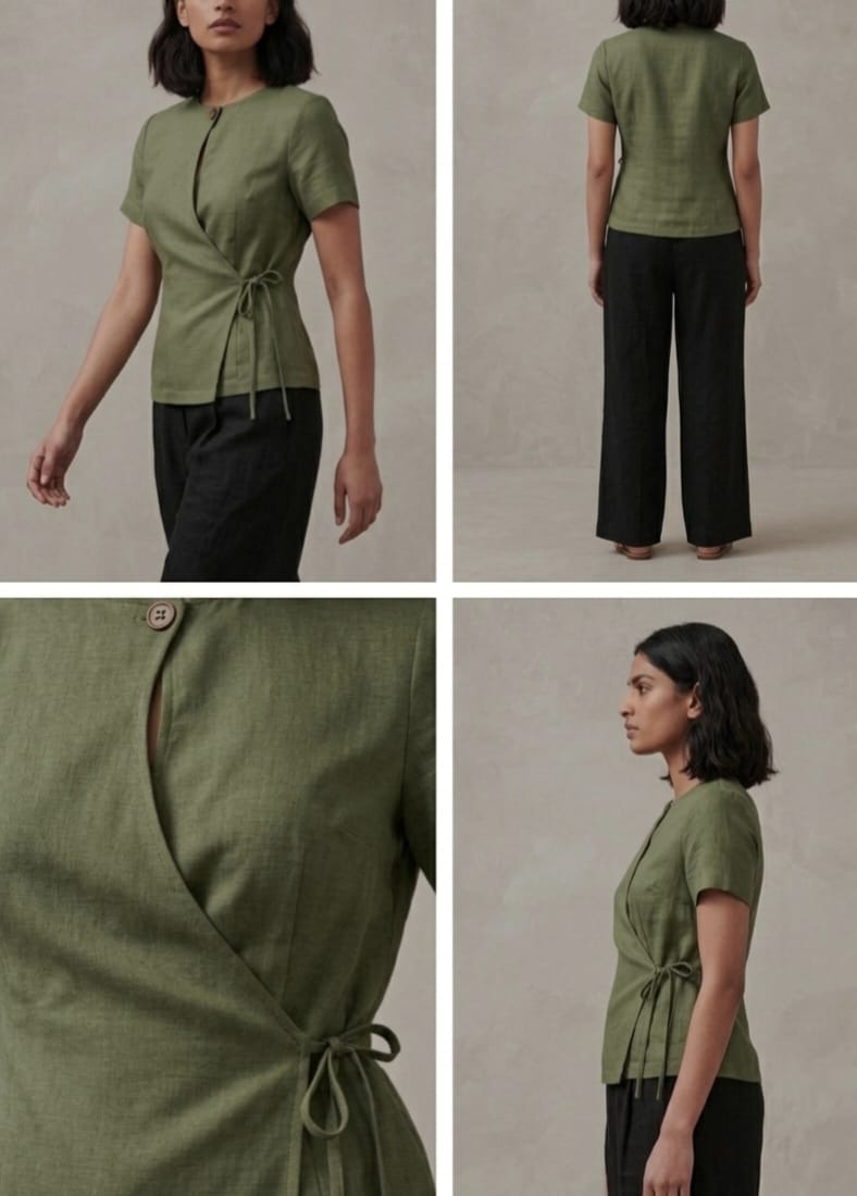 Women's Olive Green Short Sleeve Wrap Top – Tailored Side-Tie Cotton Tunic