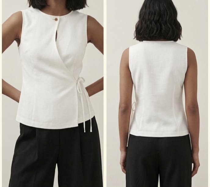 Women's White Sleeveless Wrap Top – Elegant Side-Tie Cotton Flex Tunic