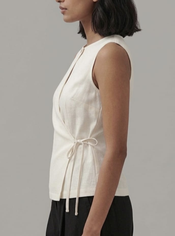 Women's White Sleeveless Wrap Top – Elegant Side-Tie Cotton Flex Tunic