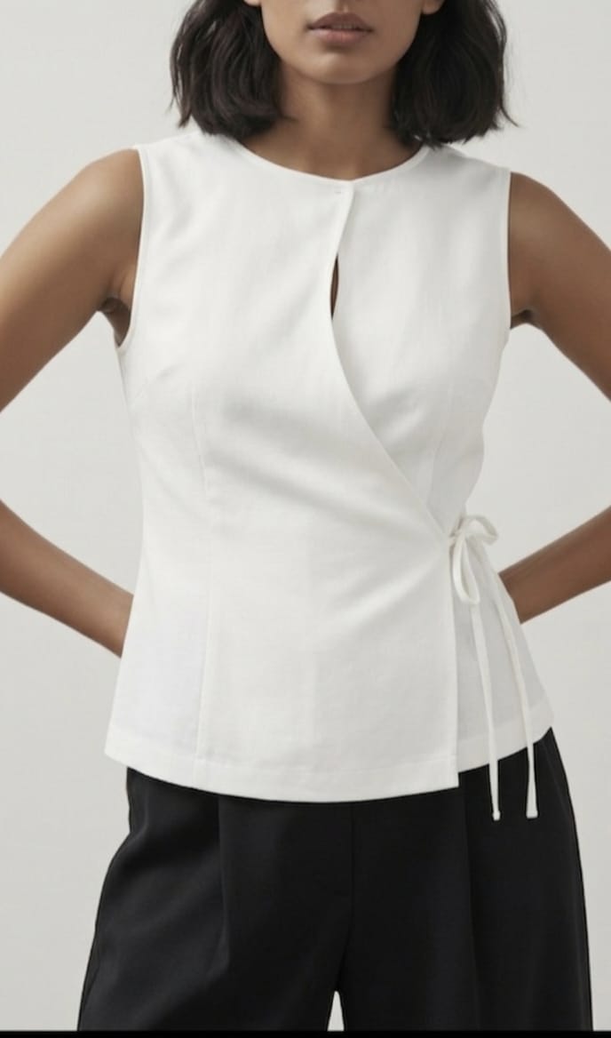 Women's White Sleeveless Wrap Top – Elegant Side-Tie Cotton Flex Tunic
