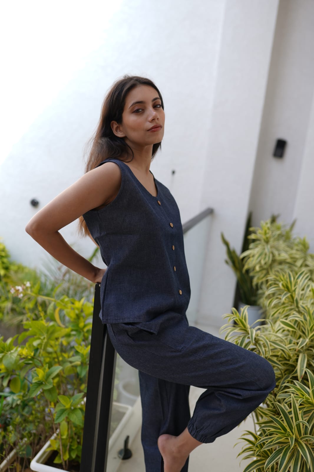 Women's Navy Blue Denim Co-ord Set – Sleeveless V-Neck Button-Down Top & Jogger-Style Trousers