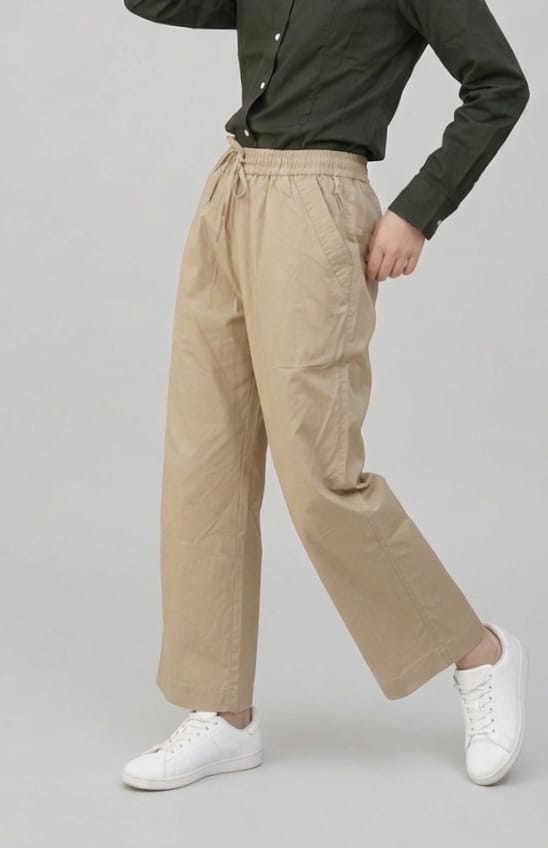 Women's High-Waist Cotton Straight-Leg Trousers with Elastic Drawstring Waist – Khaki/Beige