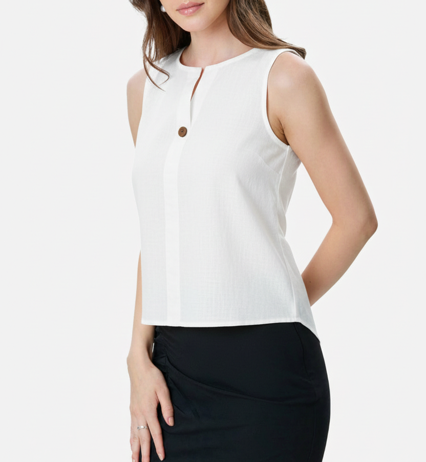 Women Sleeveless White Pure Linen-Textured Top | Elegant Button-Down Top