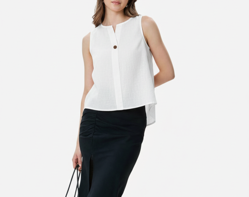 Women Sleeveless White Pure Linen-Textured Top | Elegant Button-Down Top