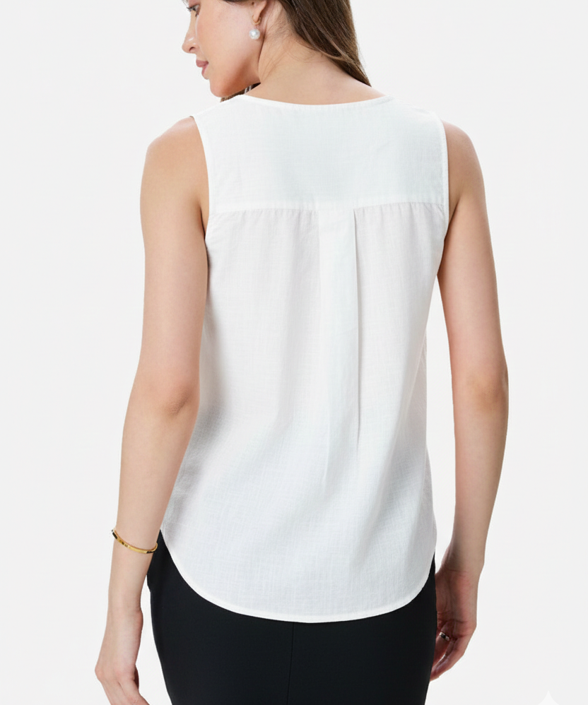 Women Sleeveless White Pure Linen-Textured Top | Elegant Button-Down Top