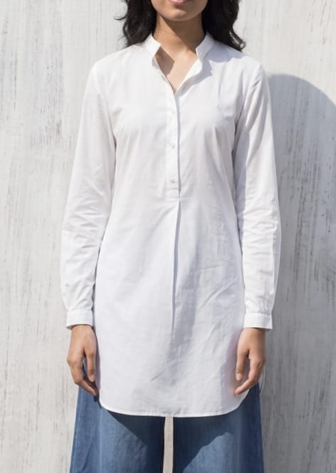 Women’s Solid White Cotton Poplin  Mandarian Collar Long Shirt