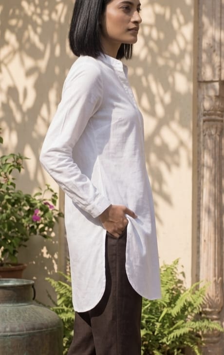 Women’s Solid White Cotton Poplin  Mandarian Collar Long Shirt