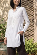 Women’s Solid White Cotton Poplin  Mandarian Collar Long Shirt