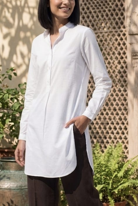 Women’s Solid White Cotton Poplin  Mandarian Collar Long Shirt