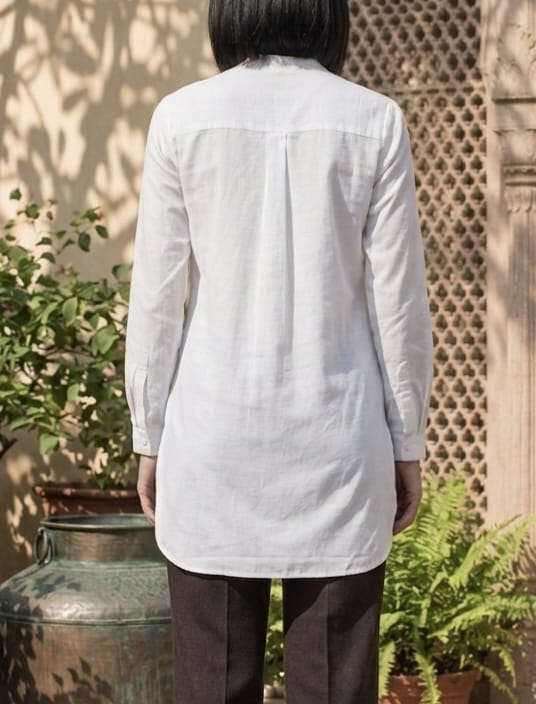 Women’s Solid White Cotton Poplin  Mandarian Collar Long Shirt