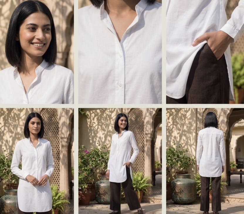 Women’s Solid White Cotton Poplin  Mandarian Collar Long Shirt