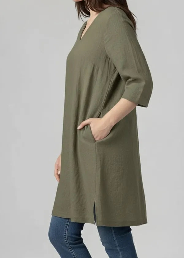 V-Neck A-Line Cotton Dress with Pockets