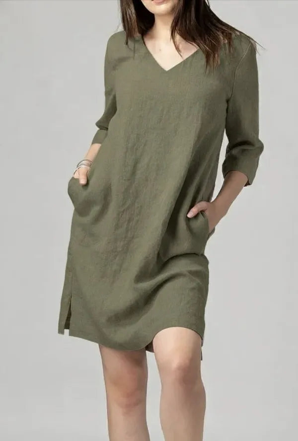 V-Neck A-Line Cotton Dress with Pockets