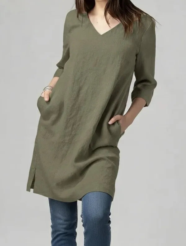 V-Neck A-Line Cotton Dress with Pockets