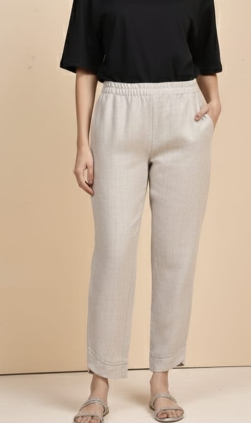 Women’s Pure Linen Solid Beige Elastic Waist Pants with Pockets