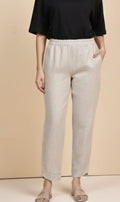 Women’s Pure Linen Solid Beige Elastic Waist Pants with Pockets