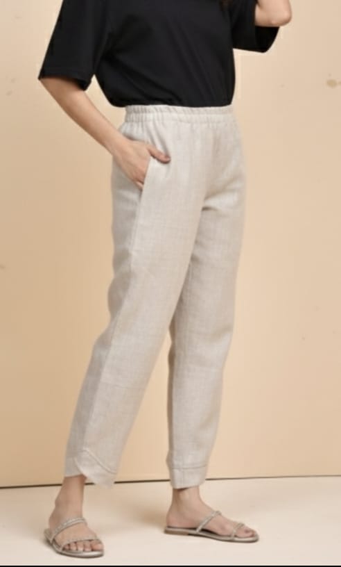 Women’s Pure Linen Solid Beige Elastic Waist Pants with Pockets