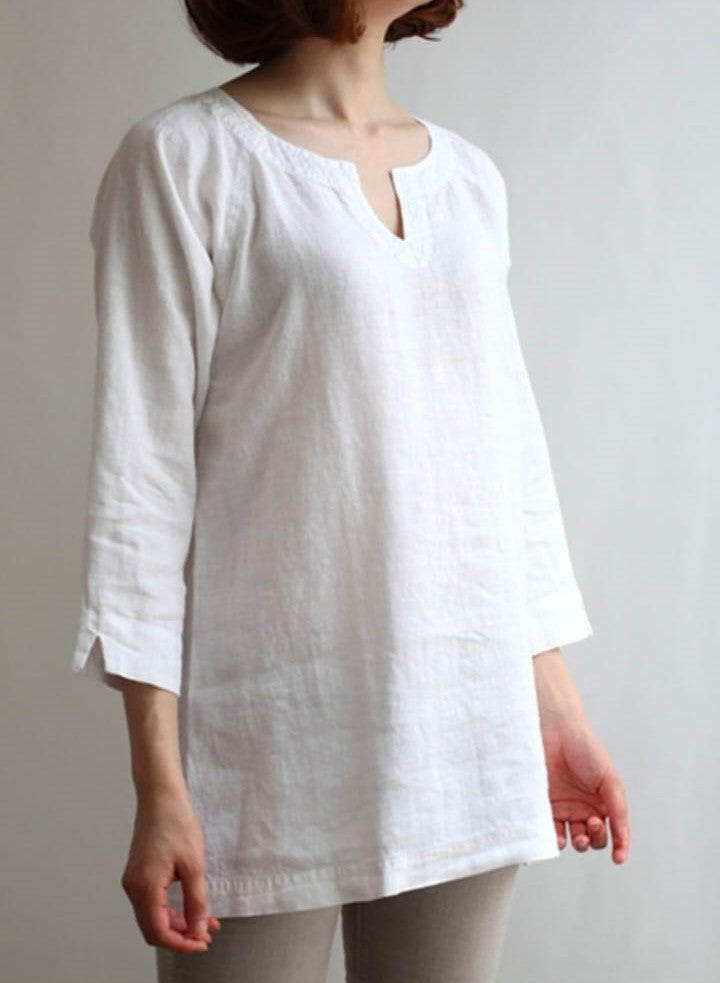 White Premium Round VNeck Pure Linen Top for Women