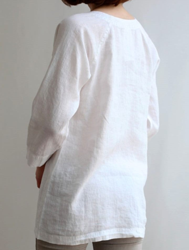 White Premium Round VNeck Pure Linen Top for Women