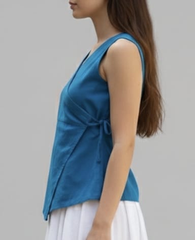 Sleeveless Angrakha Styled Top in Cotton -Blue, Purple and Green