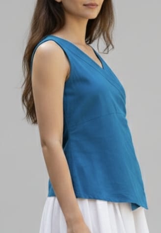 Sleeveless Angrakha Styled Top in Cotton -Blue, Purple and Green