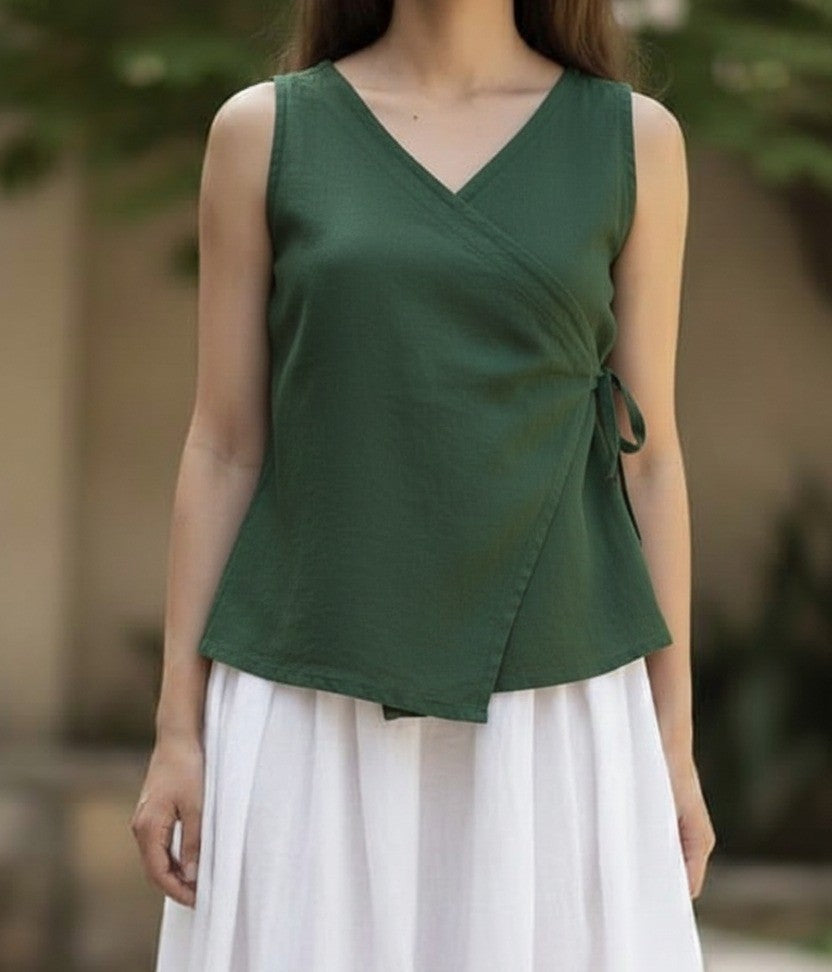Sleeveless Angrakha Styled Top in Cotton -Blue, Purple and Green