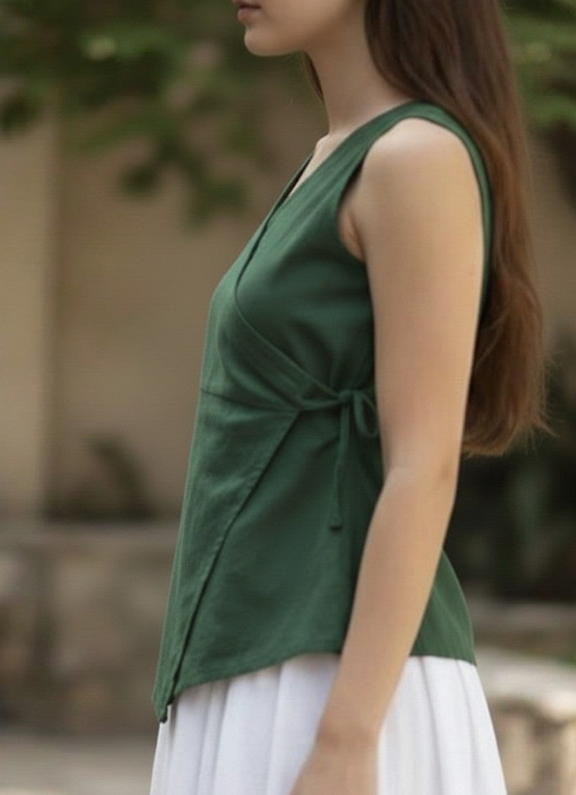 Sleeveless Angrakha Styled Top in Cotton -Blue, Purple and Green