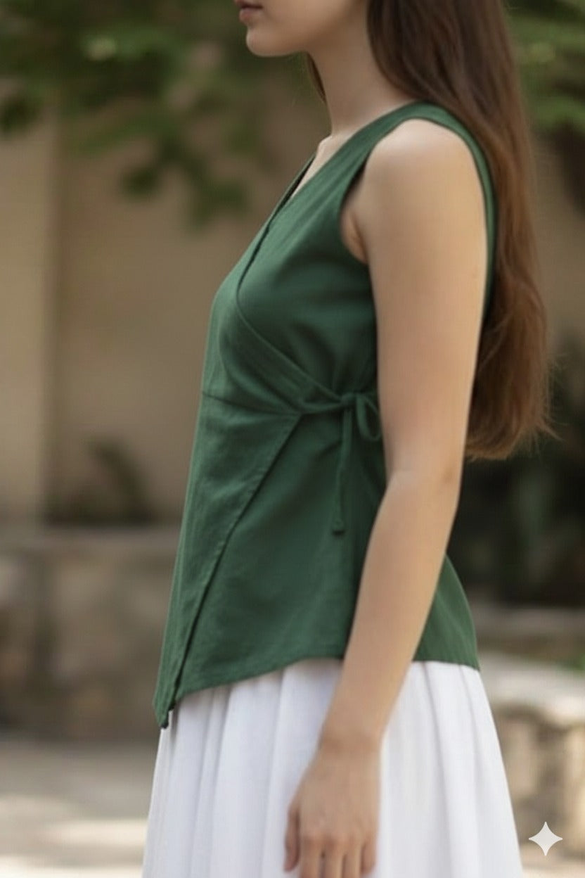 Sleeveless Angrakha Styled Top in Cotton -Blue, Purple and Green