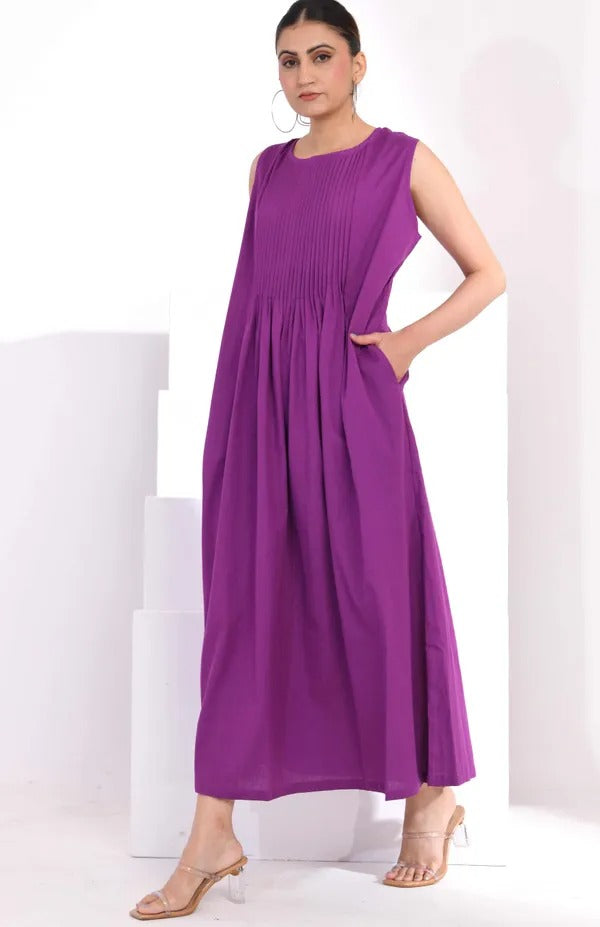 Women Elegant Purple Sleeveless Maxi Dress with Pin-Tuck Detail and Pockets