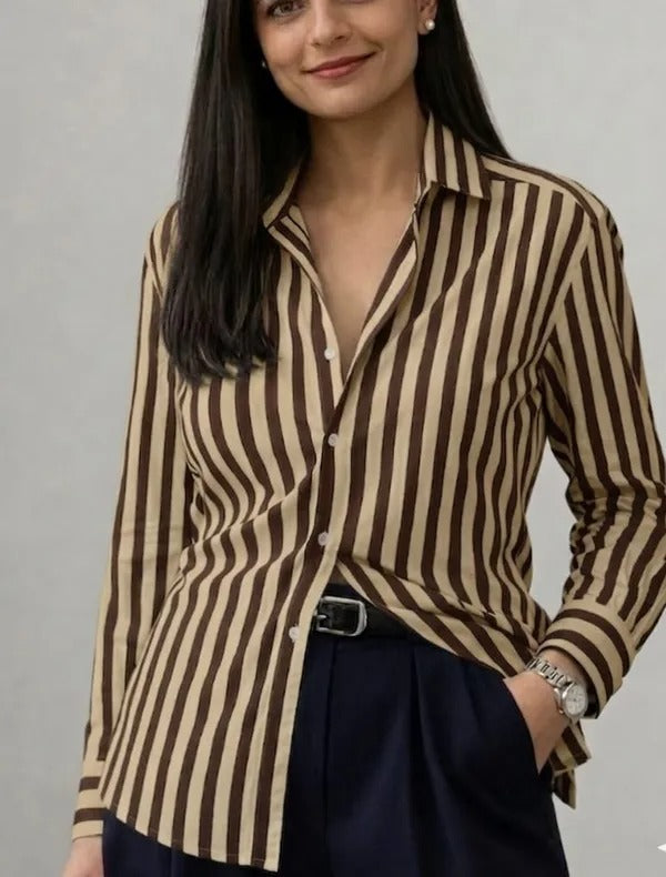 Women's Classic Blue, Grey, Blue, and White Fine Striped Button-Down Cotton Shirt