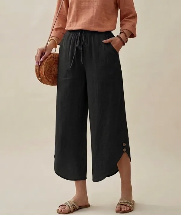 Women's Beige Cotton Wide-Leg Trousers with Curved Hem Detailing