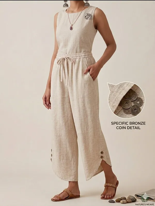 Women's Beige Cotton Wide-Leg Trousers with Curved Hem Detailing